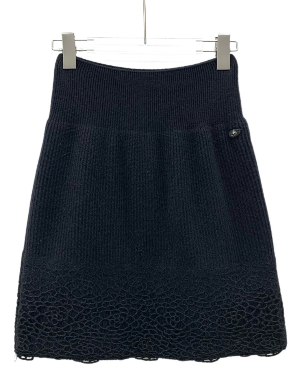 Chanel Black Camellia Openwork Embroidered Cotton Knit Skirt